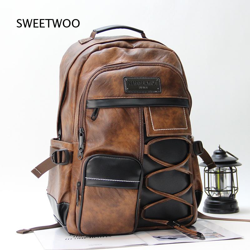 Leather Backpack Vintage - Erkek Kahverengi Renk Bloklu Suni Deri